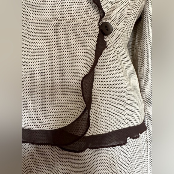 Liz Claiborne Suit Set Skirt Blazer Linen Blend Cream Brown Ruffle Cuff Trim 12P - Picture 6 of 13